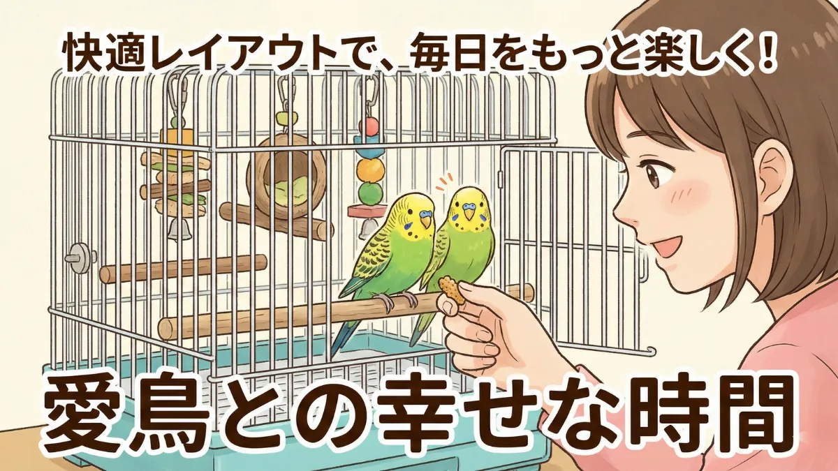 HOEI35手のりケージに自然木止まり木とおもちゃを組み合わせた快適なセキセイインコのマイルーム完成例