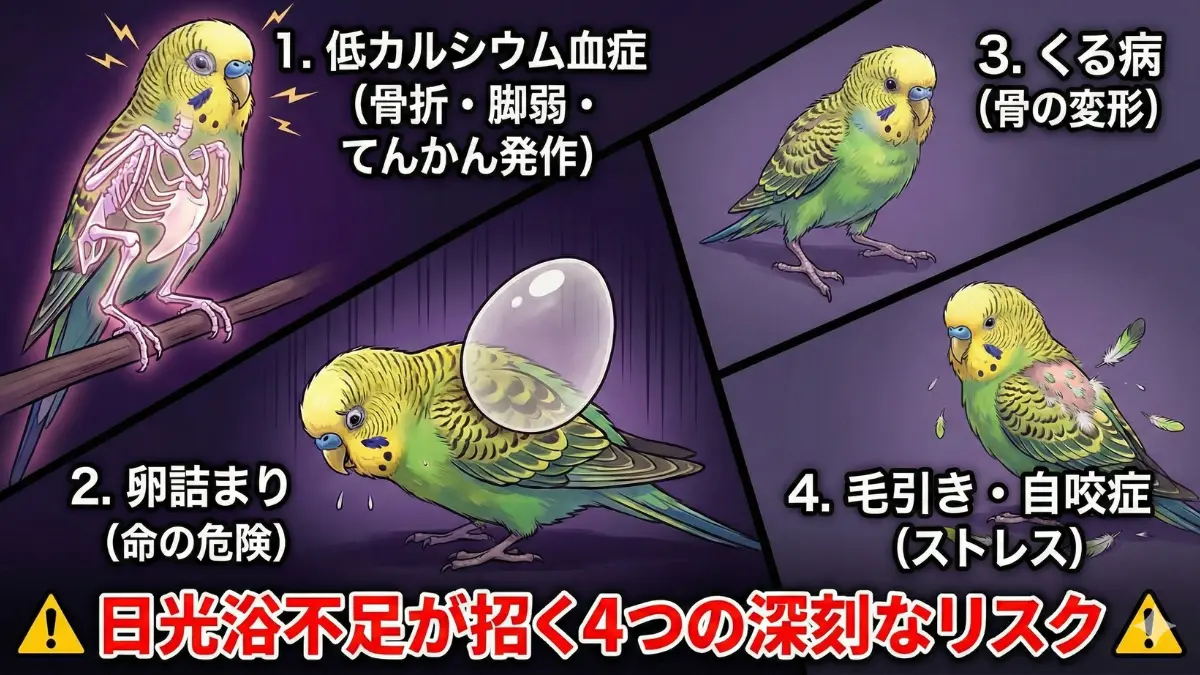 インコの日光浴不足が招く低カルシウム血症、卵詰まり、くる病、毛引きの4つの病気リスクを示す画像