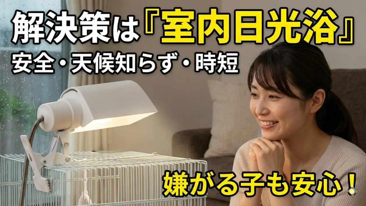 室内で小鳥用日光浴ライトを使うセキセイインコ。安全に紫外線を浴びられる環境が整っている。