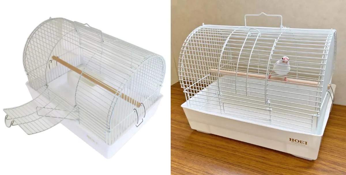 HOEIハートフルキャリーの金網構造。サイズ233×296×305mm、重量1.6kg、フードカップ専用小窓付きで給餌中の脱走を防止。