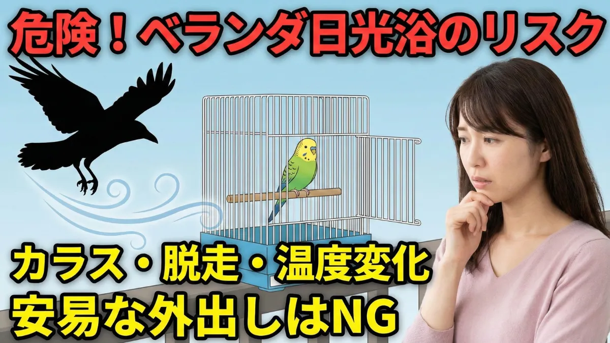 ベランダに出したセキセイインコのケージ。カラスや猫の外敵、脱走、急激な温度変化のリスクがある。