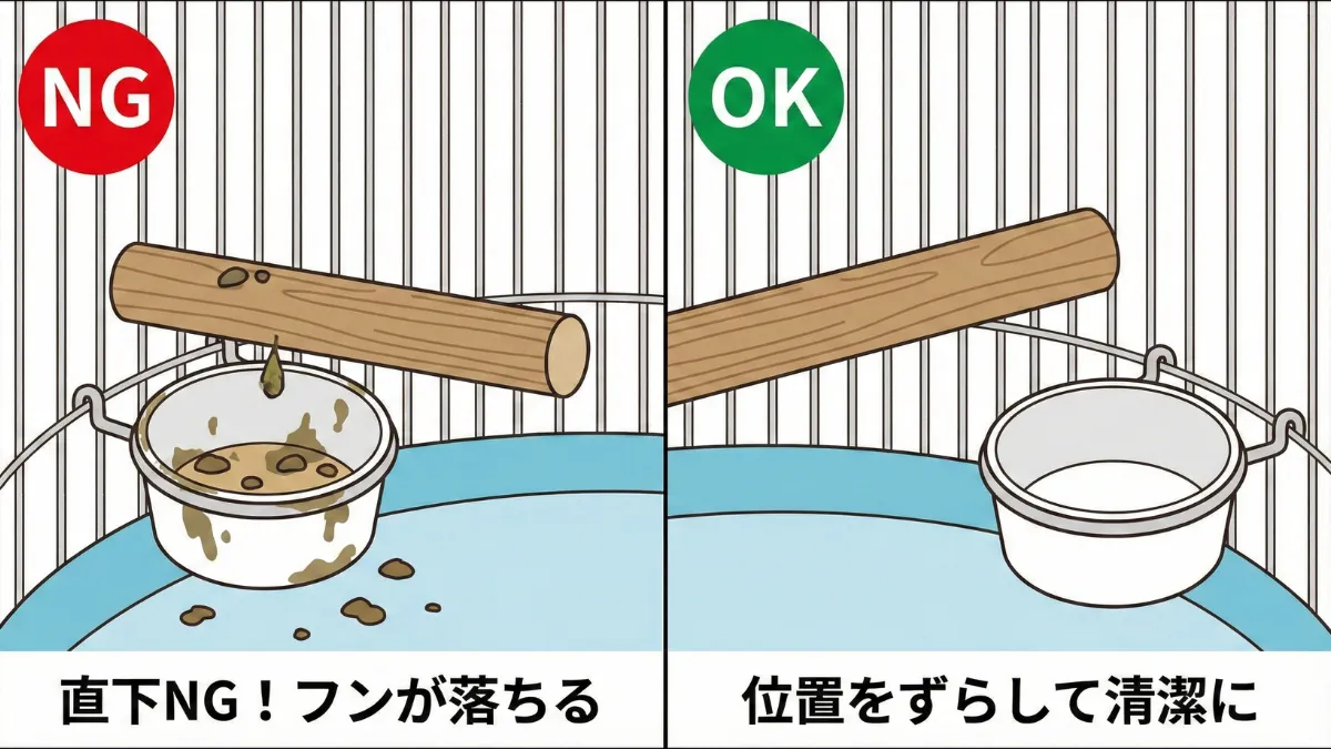 止まり木の真下に餌入れを置かない衛生的なセキセイインコケージ配置の正しい例と誤った例の比較図