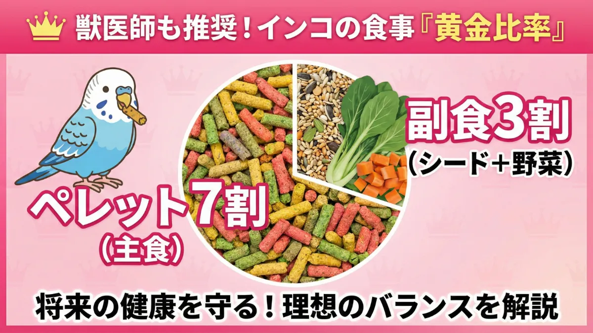 インコの食事の黄金比率を示す画像。ペレット70%・副食30%(シード10%＋野菜20%)が理想。