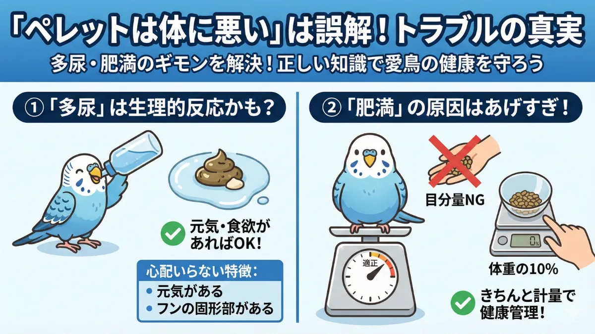 ペレットに関する誤解を解説する画像。多尿・肥満は生理的反応や与え方のミスが原因。