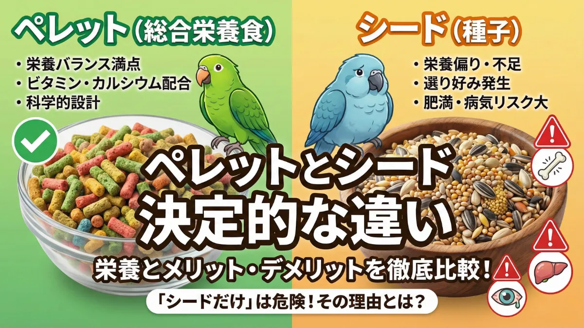 ペレットとシードの違いを示す画像。ペレットは科学的栄養バランス・シードは不均一だが嗜好性高い。