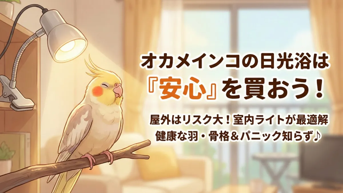 室内で安全に日光浴をするオカメインコの幸せな様子。ビバリアライトの柔らかな光を浴びてリラックス。