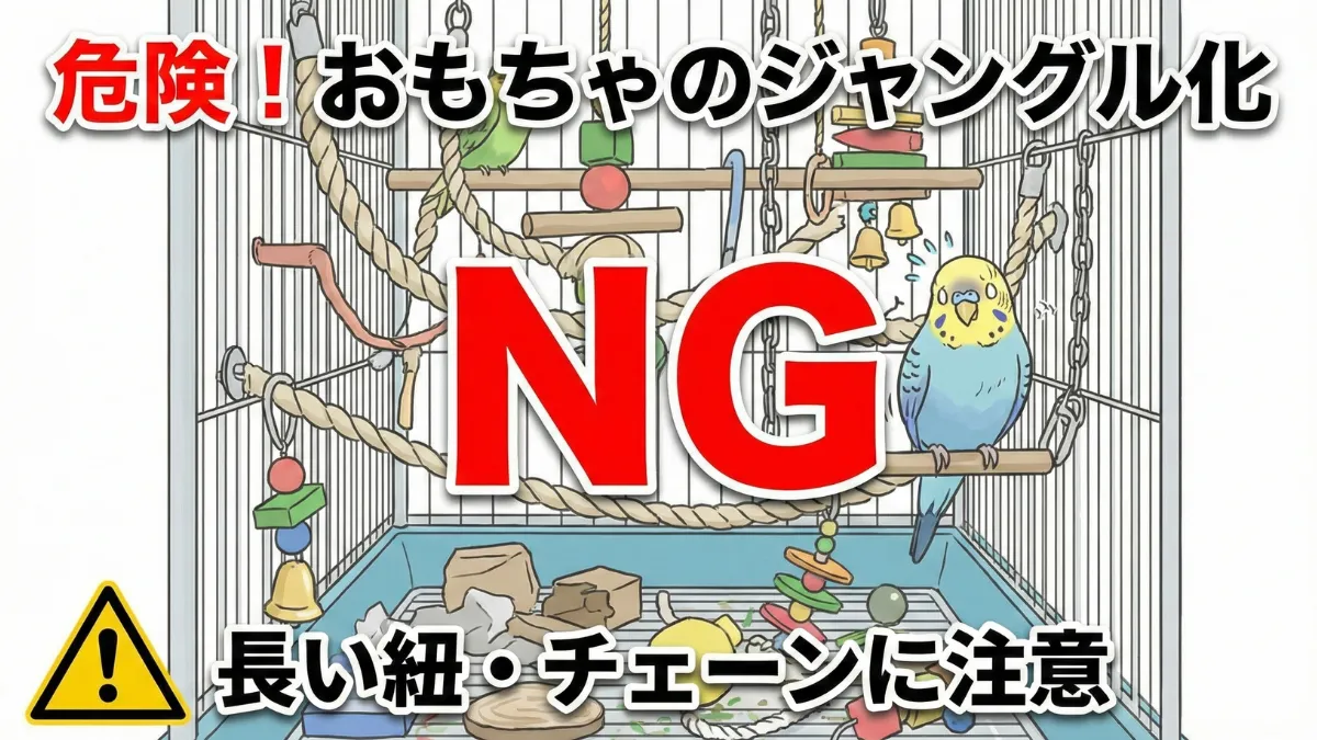 おもちゃを詰め込みすぎたセキセイインコケージの危険なレイアウト例。飛行スペースが確保されていない失敗例