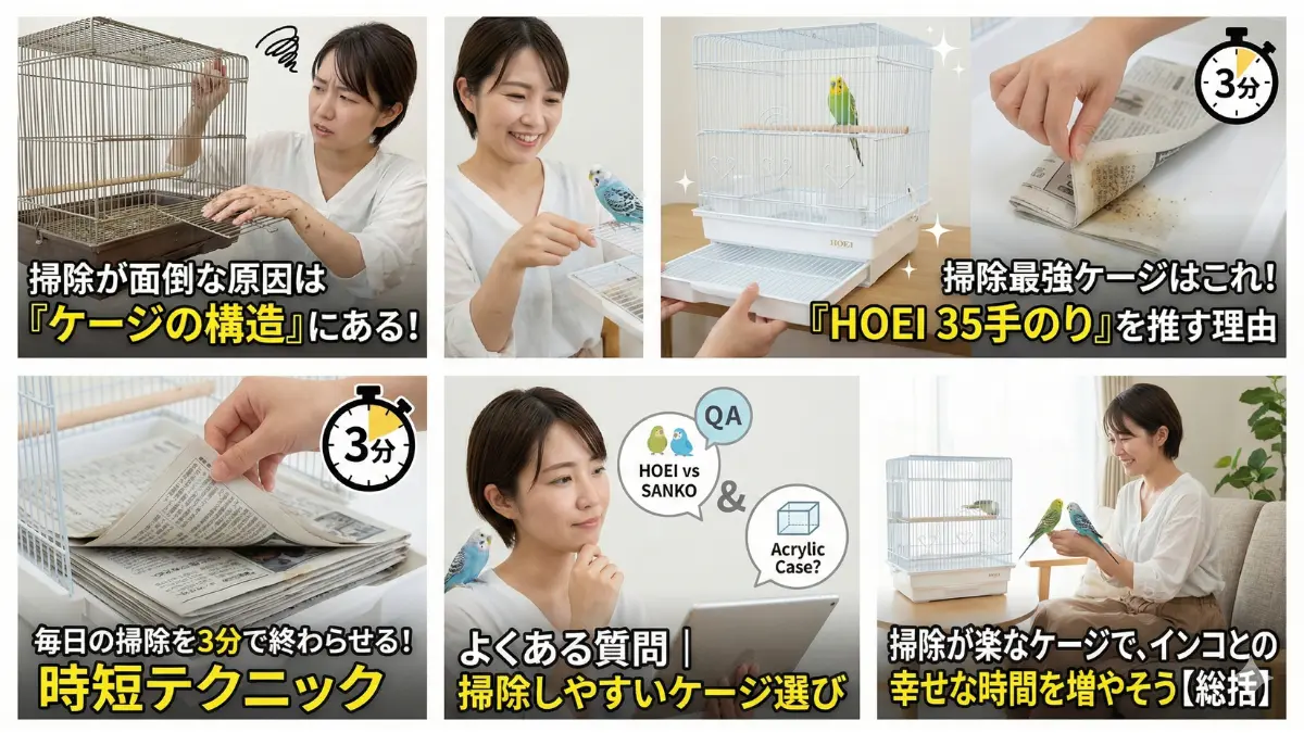 掃除しにくいケージ構造の特徴を示す画像。固定式フンキリ網と被せ蓋タイプの構造で毎日の掃除が面倒になる様子。