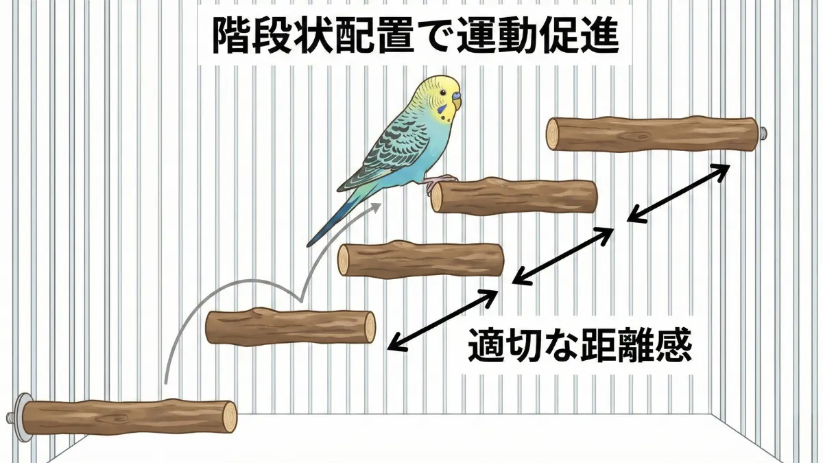 階段状に配置された自然木止まり木でセキセイインコの運動量をアップさせるレイアウト例