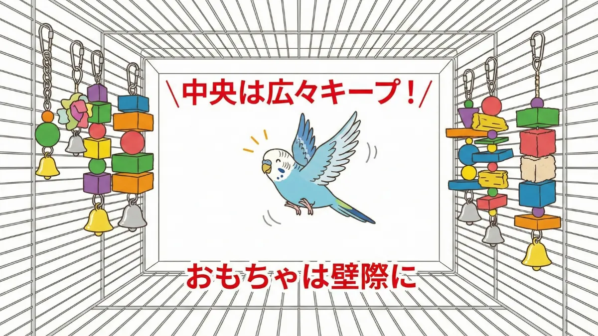 セキセイインコケージにブランコやかじり木おもちゃをバランスよく配置した遊びゾーンのレイアウト