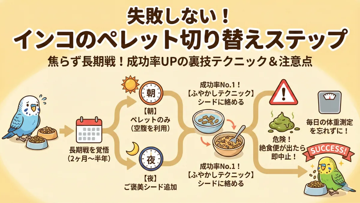 ペレット切り替えの段階的な方法を示す画像。朝ペレット・夜シード作戦とふやかしテクニック。
