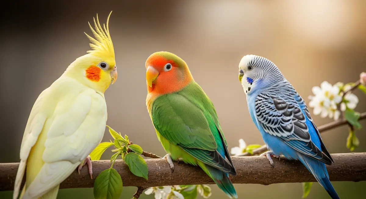 セキセイインコ・オカメインコ・コザクラインコの3羽が並んだイラスト。それぞれに適したラウディブッシュのサイズが示されている。