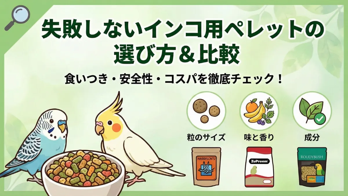 インコペレット選びの3つのポイントを示す画像。粒のサイズ・味と香り・成分の重要性を図解。