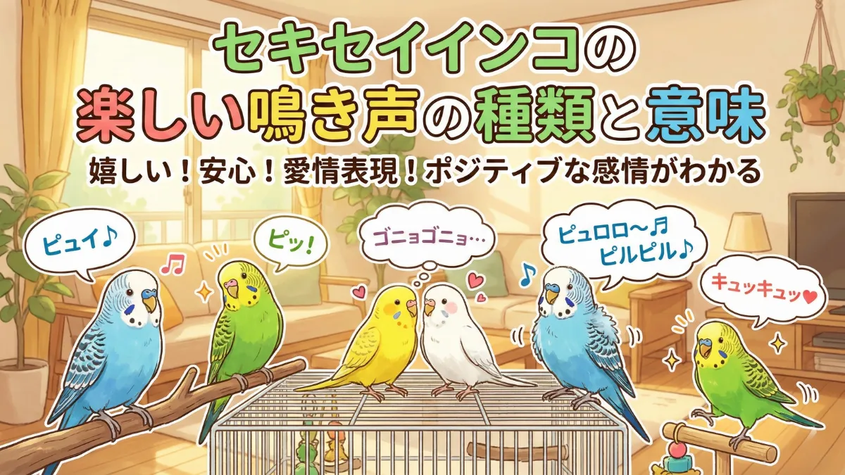 セキセイインコが楽しく鳴いている様子。ピュイやゴニョゴニョなど多様な鳴き声でコミュニケーションを取る健康なインコの画像