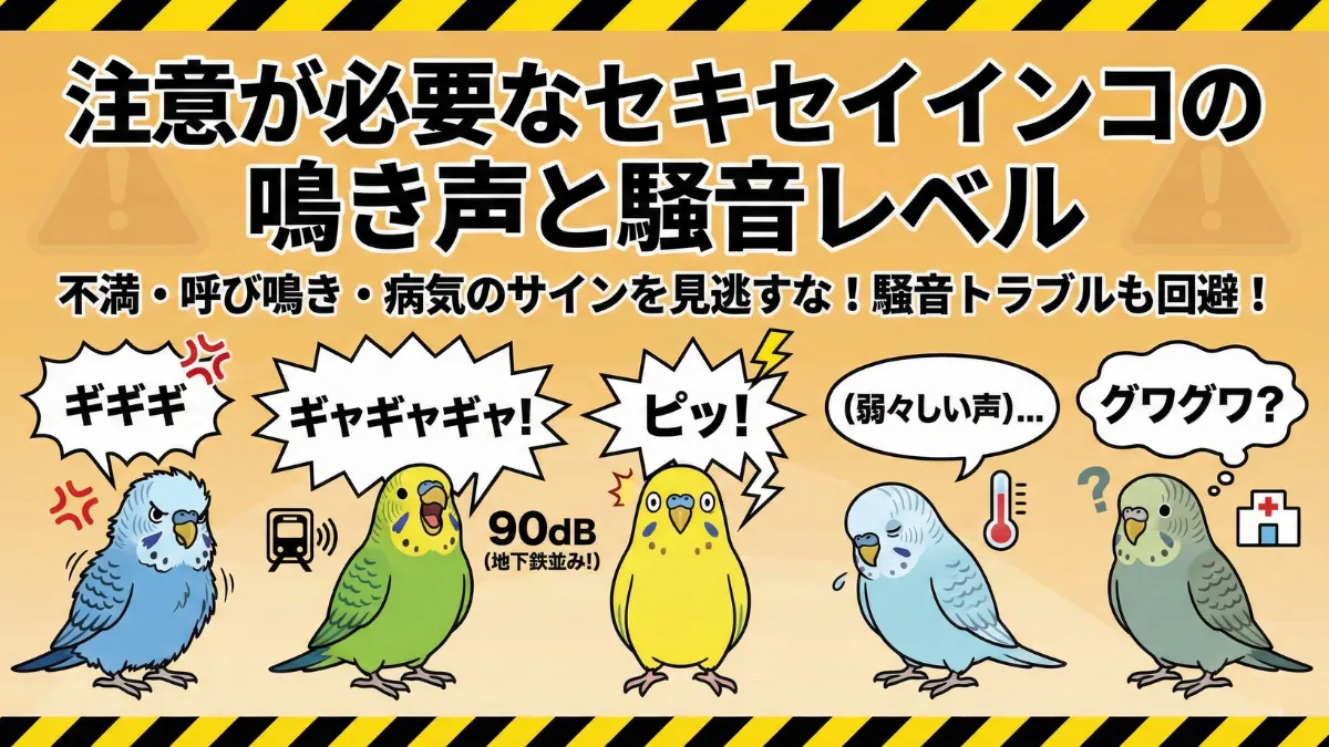 セキセイインコが警戒や不満で鳴いている様子。ギギギやギャギャギャという注意が必要な鳴き声を発するインコの画像
