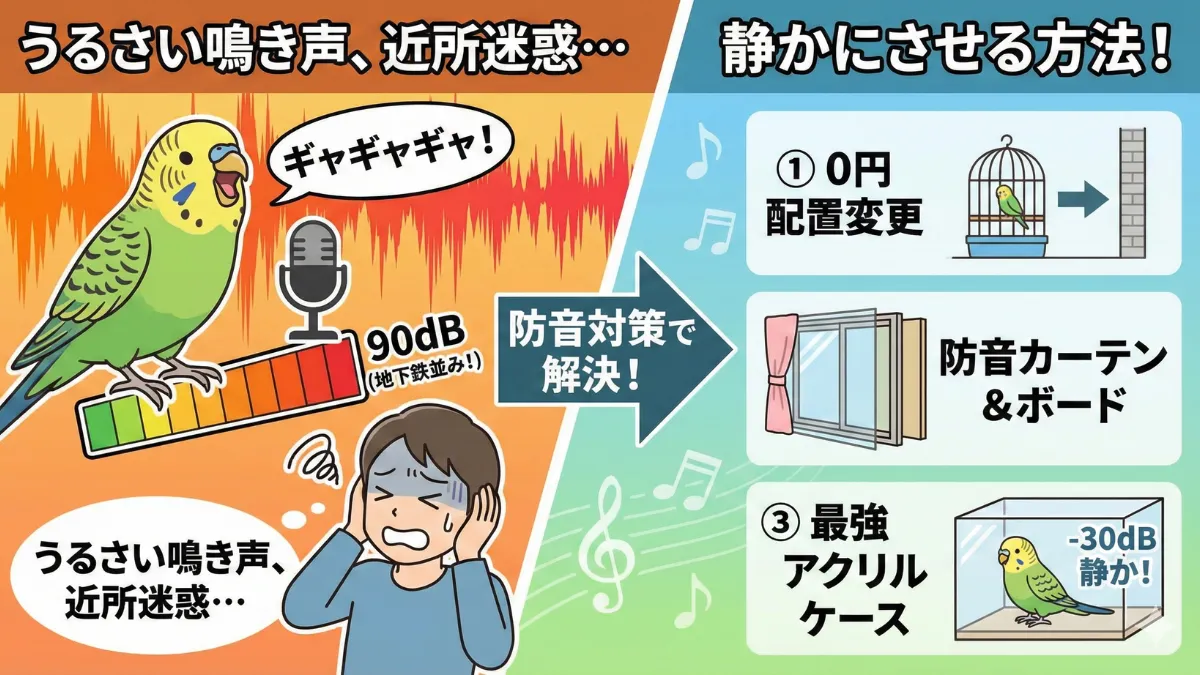 セキセイインコの防音対策。アクリルケースやカーテンなど物理的に音を小さくする方法を実践している飼育環境の画像