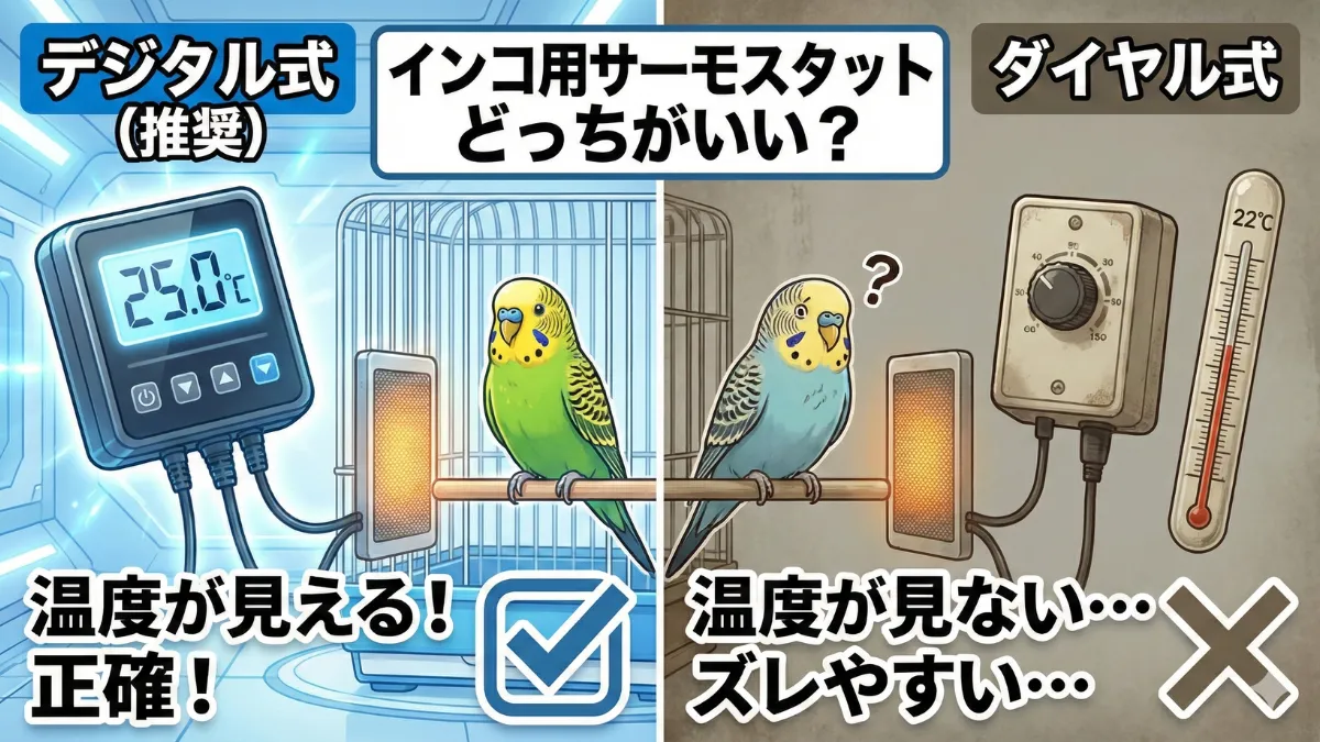 デジタル式サーモスタットとダイヤル式サーモスタットを並べて比較した画像。液晶画面と温度表示の違いが明確