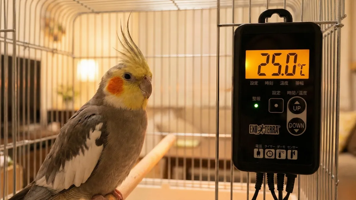 おすすめインコ用サーモスタット4種類を並べた比較画像。デジタル式とダイヤル式の違いを視覚的に表現