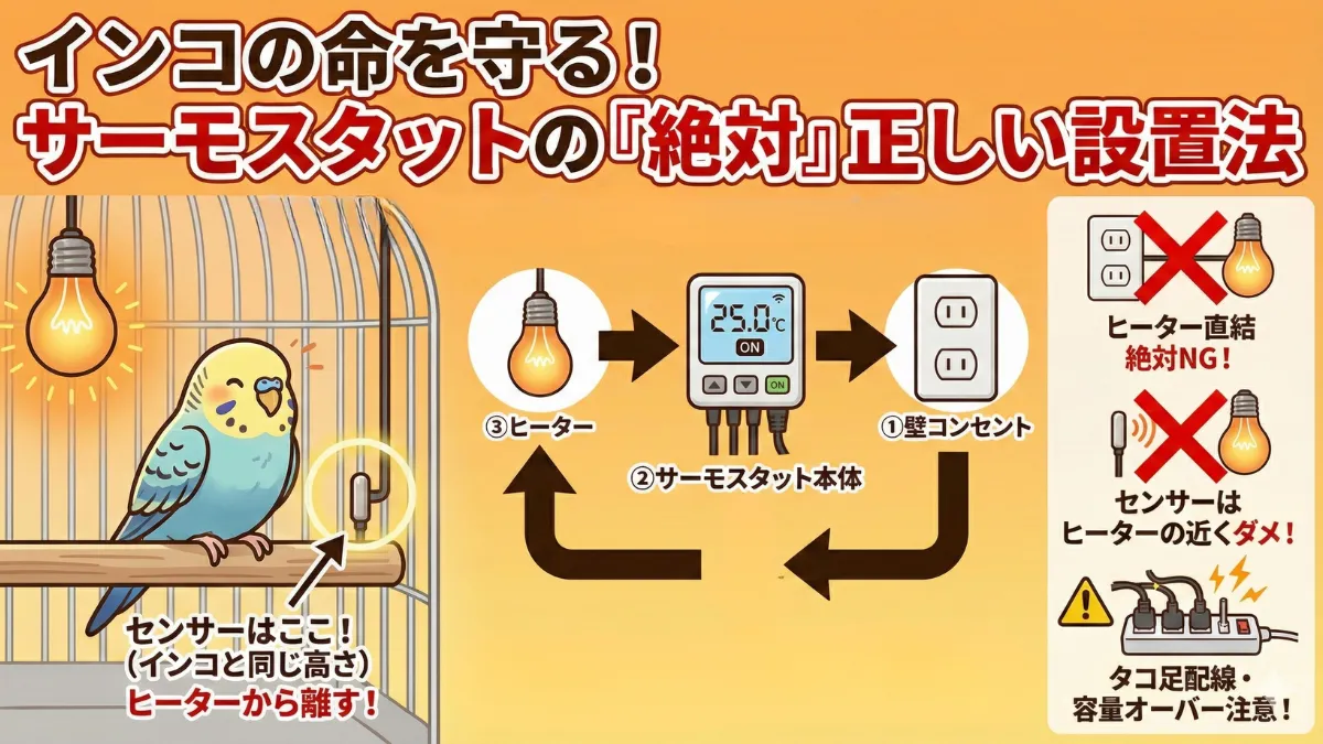 サーモスタットの正しい接続順序と温度センサーの最適な設置位置を示した図解イラスト