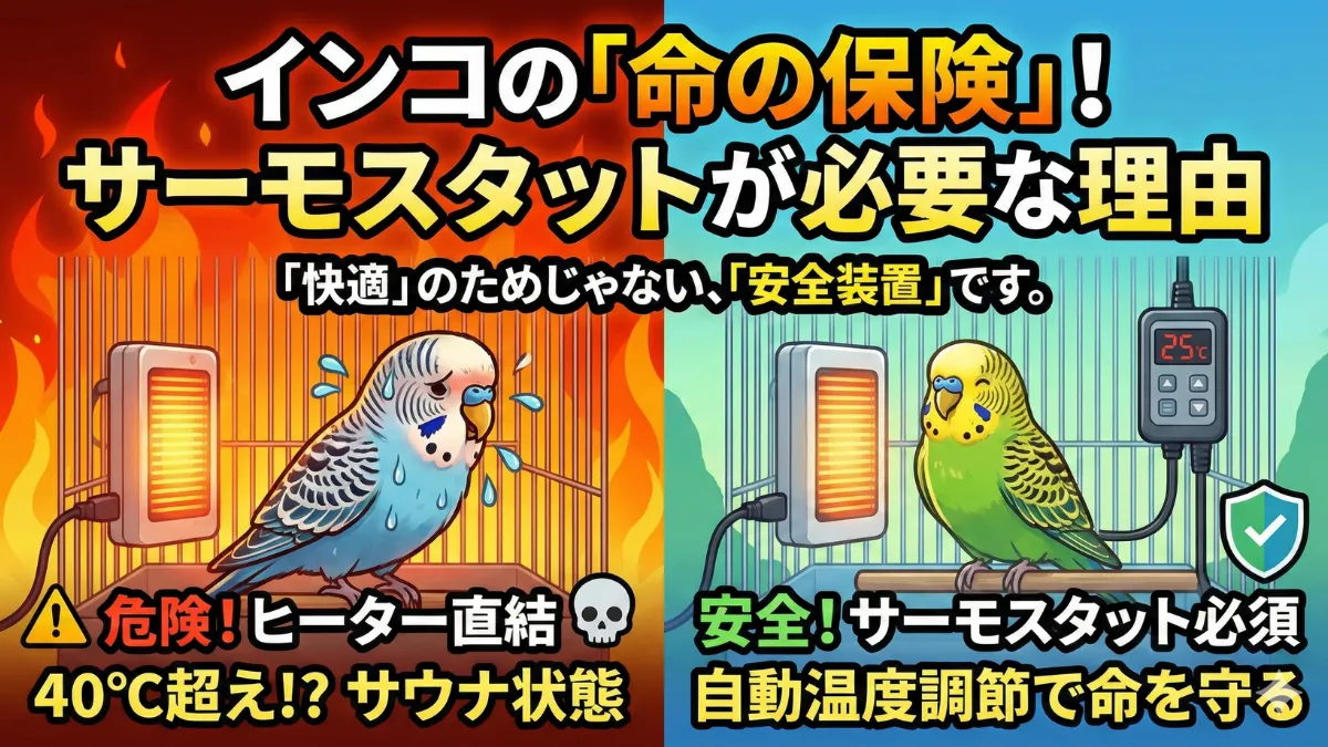 ヒーターをコンセントに直接接続した危険な状態とサーモスタットを経由した安全な接続方法の比較図解