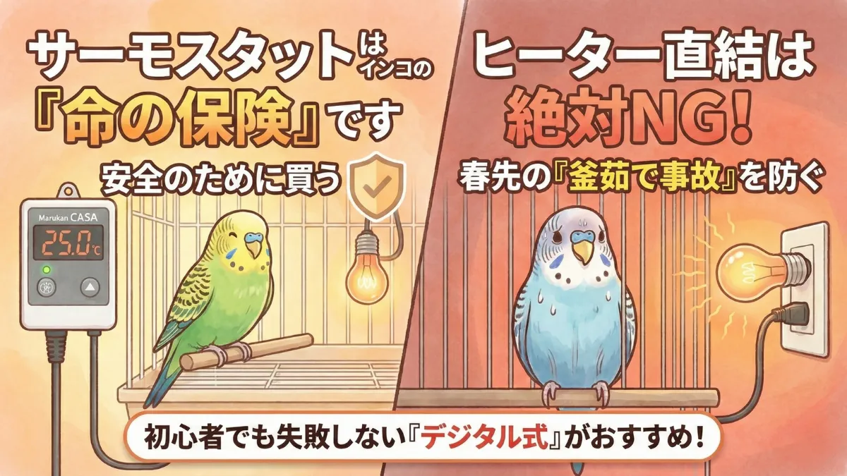 サーモスタット付きヒーターで安全に保温されるインコの幸せそうな様子を表現したイメージ画像