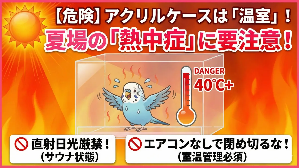 アクリルケースの熱中症リスクを示す画像。直射日光やエアコンなしで温度が急上昇する危険性を説明。
