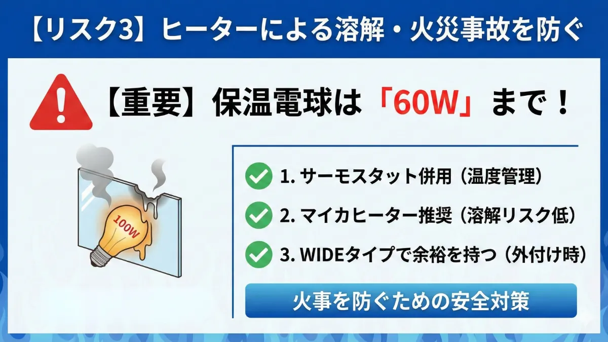 アクリルケース内のヒーター設置を示す画像。保温電球60Wまでの推奨と溶解・火災リスクの防止策を説明。