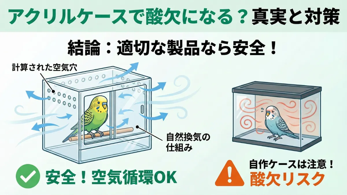 アクリルケースで酸欠になるかを説明する画像。専用品の空気穴や自然換気の仕組みで窒息しない構造を解説。