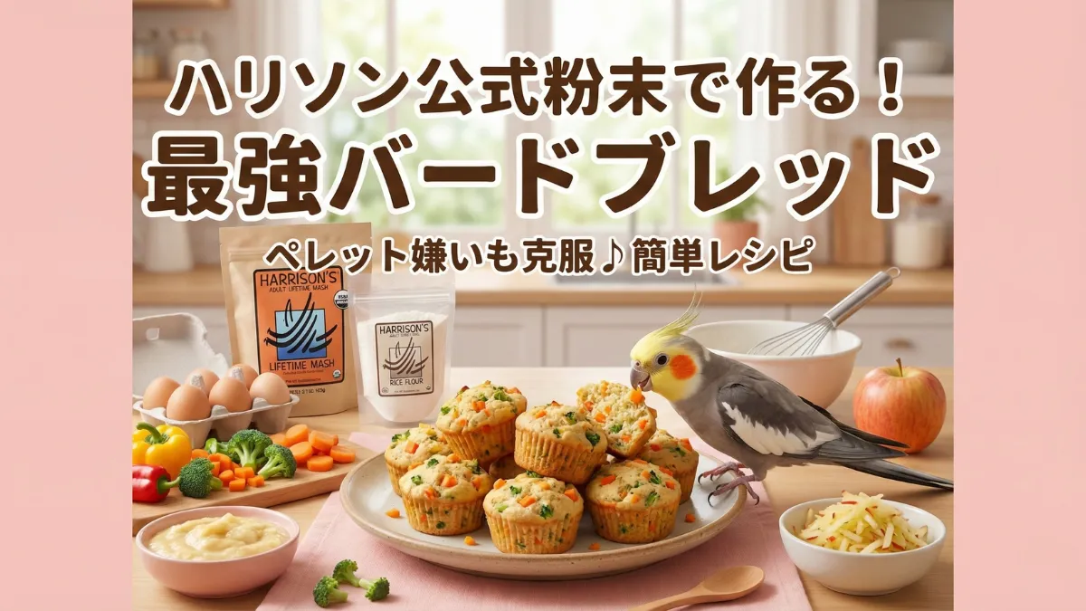 ハリソンマッシュを使ったバードブレッドの材料一覧。米粉・ハリソンマッシュ・卵・野菜・果物が並んでいる画像