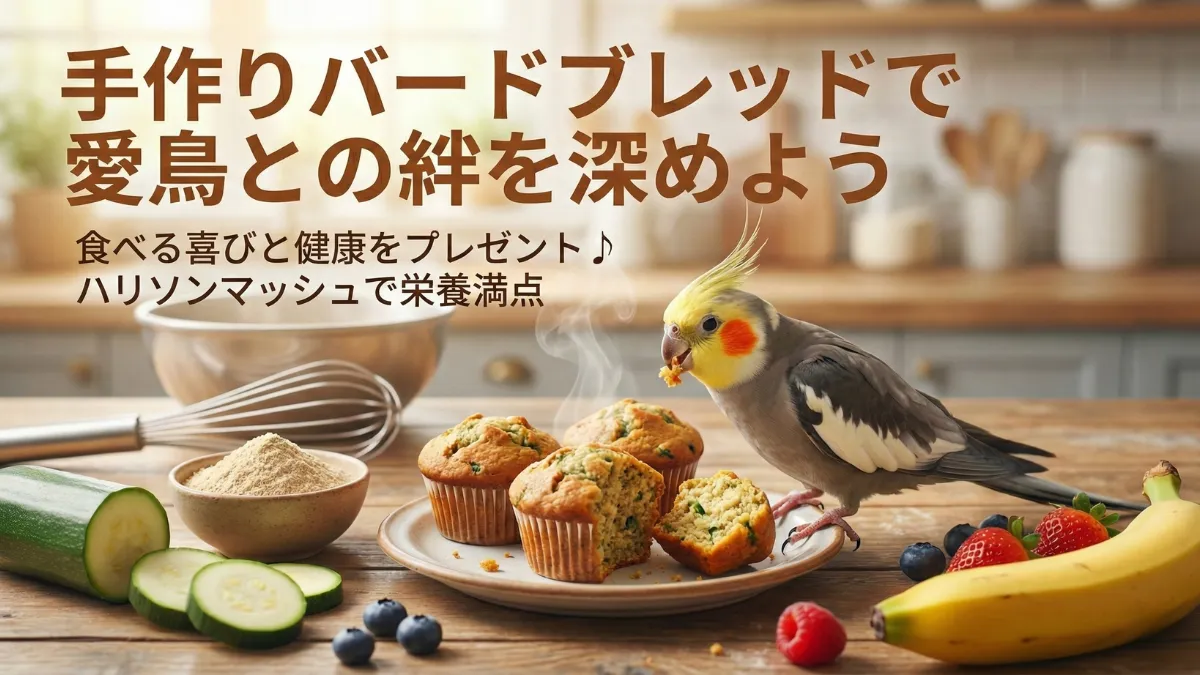 完成したバードブレッドをインコが美味しそうに食べている様子。飼い主とインコの絆が深まる瞬間を表現した画像