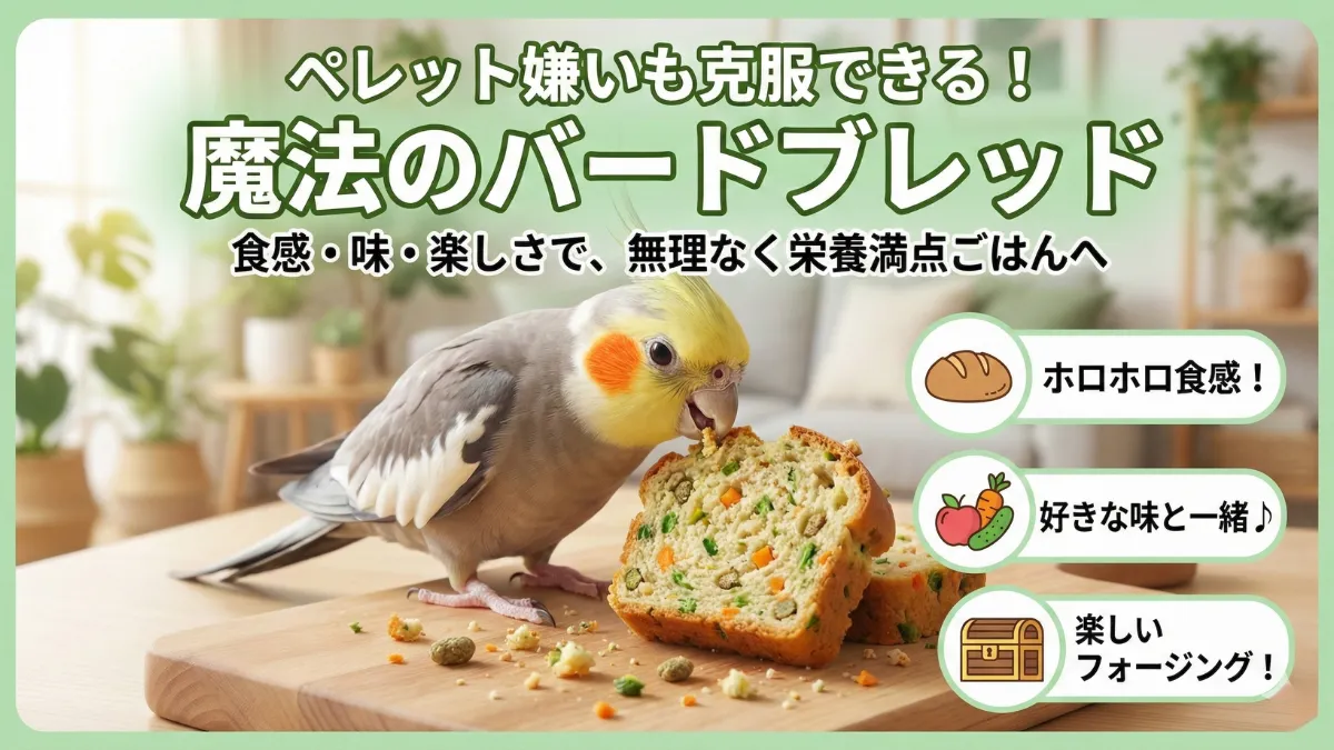 バードブレッドでペレット嫌いを克服する様子。ペレットを粉末状に混ぜ込んだパンをインコが食べている画像