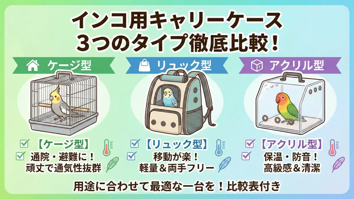 インコ用キャリーケース3タイプの比較。ケージ型は通気性と給餌性に優れ、リュック型は両手フリーで軽量、アクリル型は防音と保温に特化。
