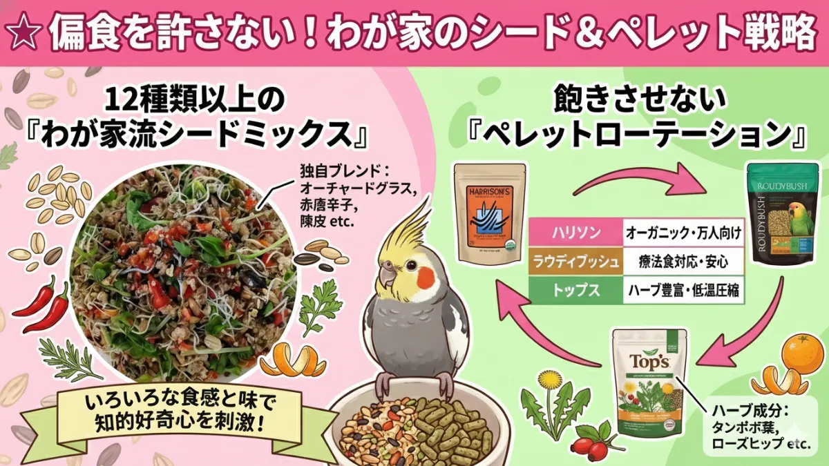 発芽シードとペレットを組み合わせたバードチョップ。カラフルな野菜とシードが美しく盛り付けられた一皿。