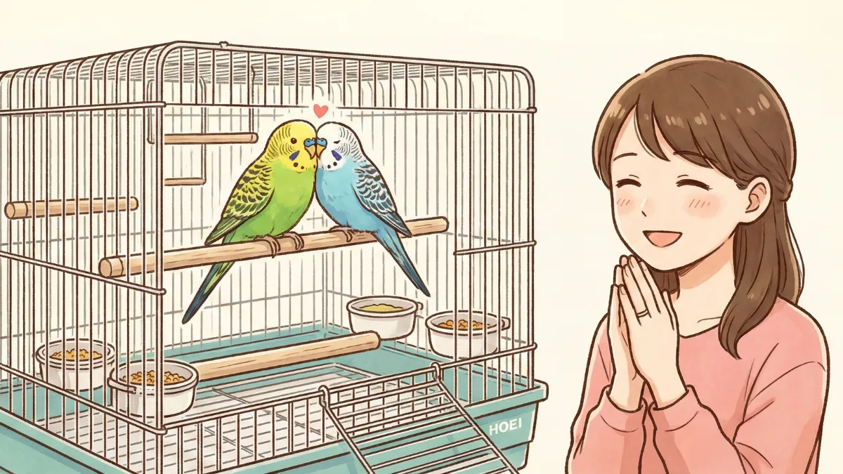 HOEI465オカメケージでセキセイインコ2羽を同居させる広々空間。仲良しペアなら選択可能な飼育スタイル。