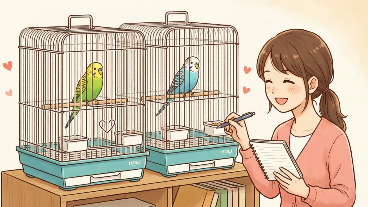 HOEI35手のりケージを2台並べた別居スタイルの配置例。1羽1ケージで安全性と健康管理を重視した飼育環境。