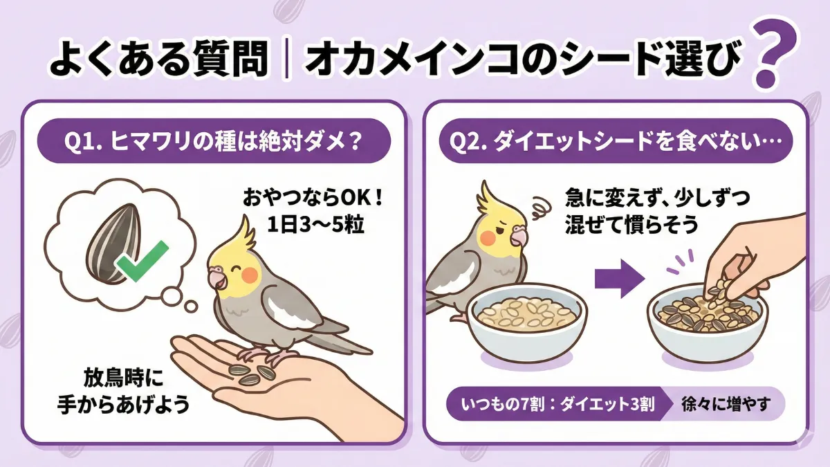 オカメインコのシード選びに関するよくある質問。ヒマワリの与え方やダイエット用シードへの切り替え方法。