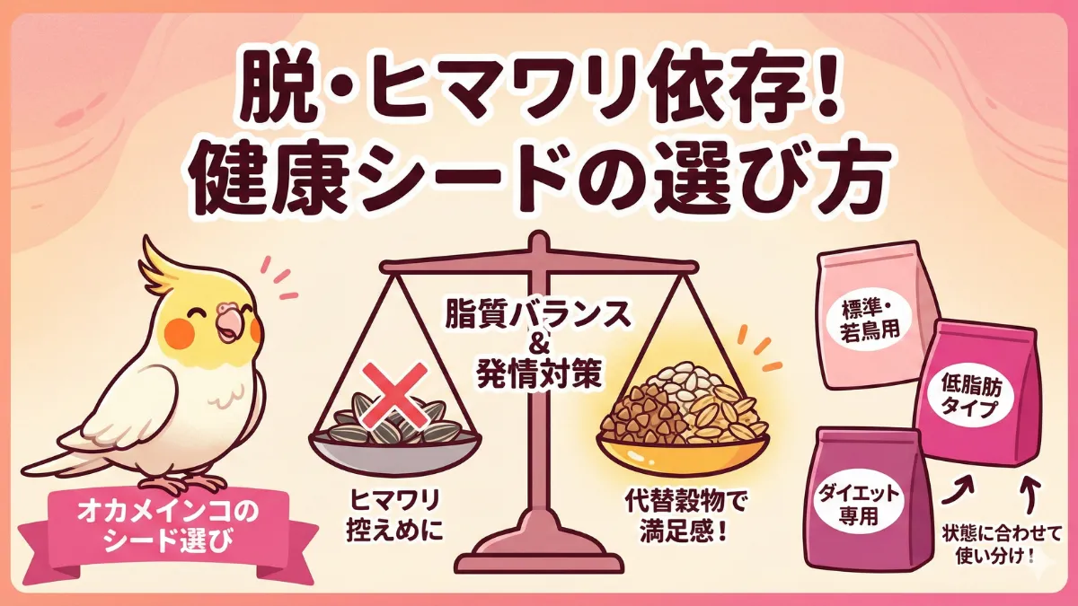 オカメインコ用シードの選び方を示す画像。脂質バランスと発情対策を考慮したヒマワリなし配合がおすすめ。