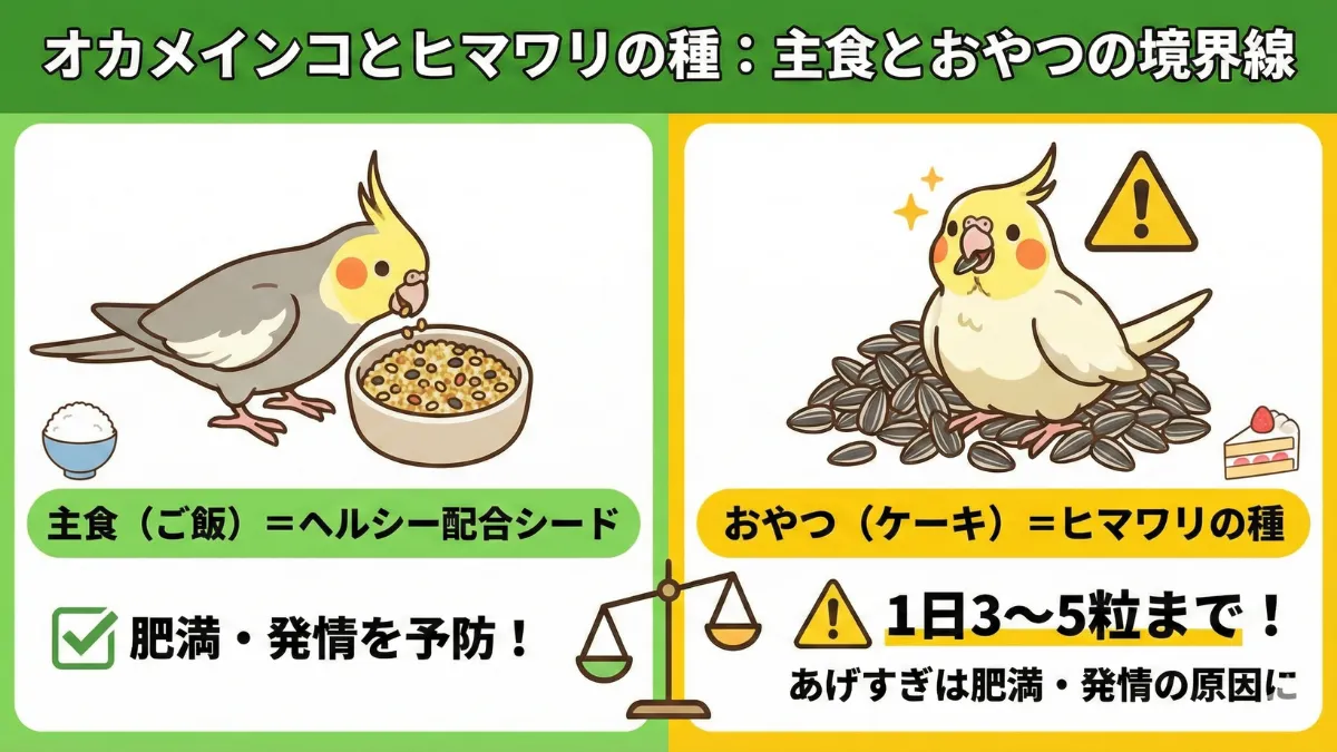 ヒマワリの種を食べるオカメインコ。室内飼育では脂質過多になりやすいため主食ではなくおやつとして適量与えることが重要。