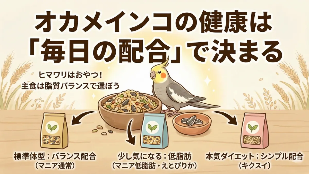 オカメインコと配合シードの総括イメージ。脂質バランスの整ったシード選びが健康長寿の秘訣。