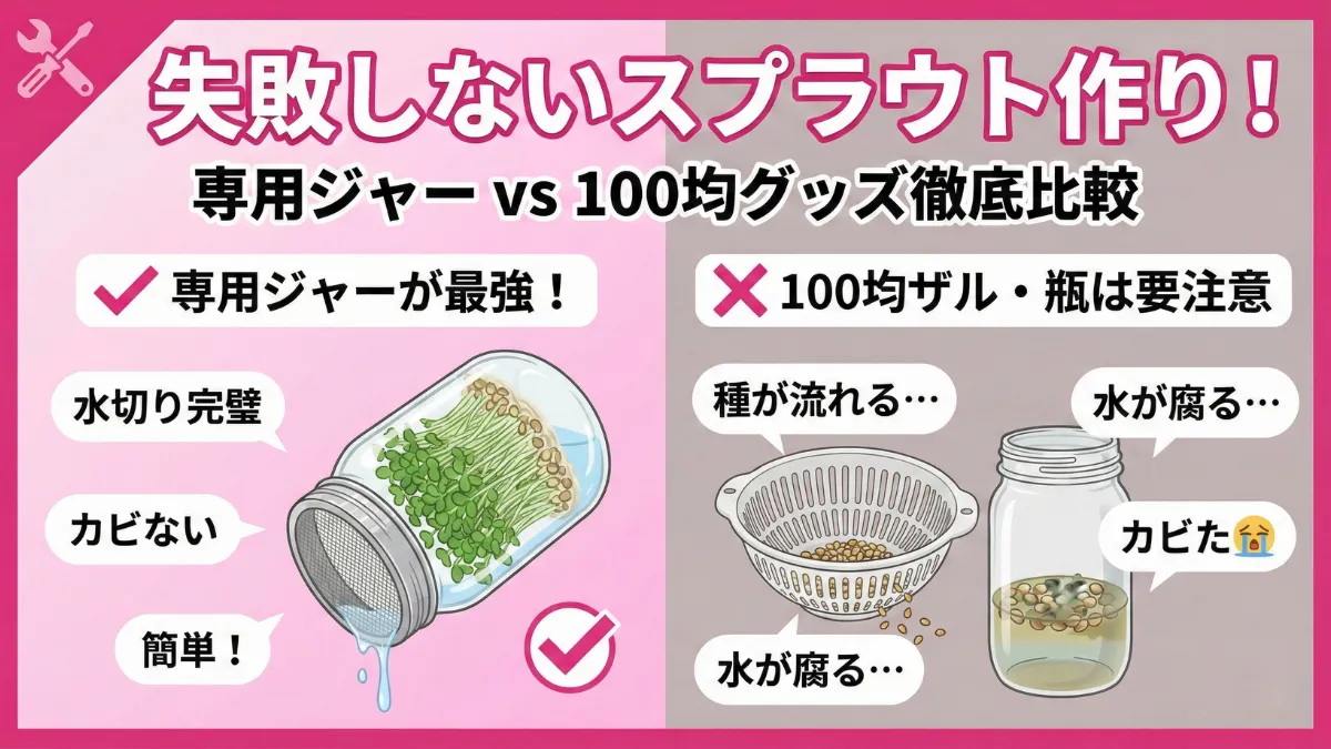 インコ用発芽シード作りに必要なスプラウト栽培専用ジャーと道具を並べた写真。