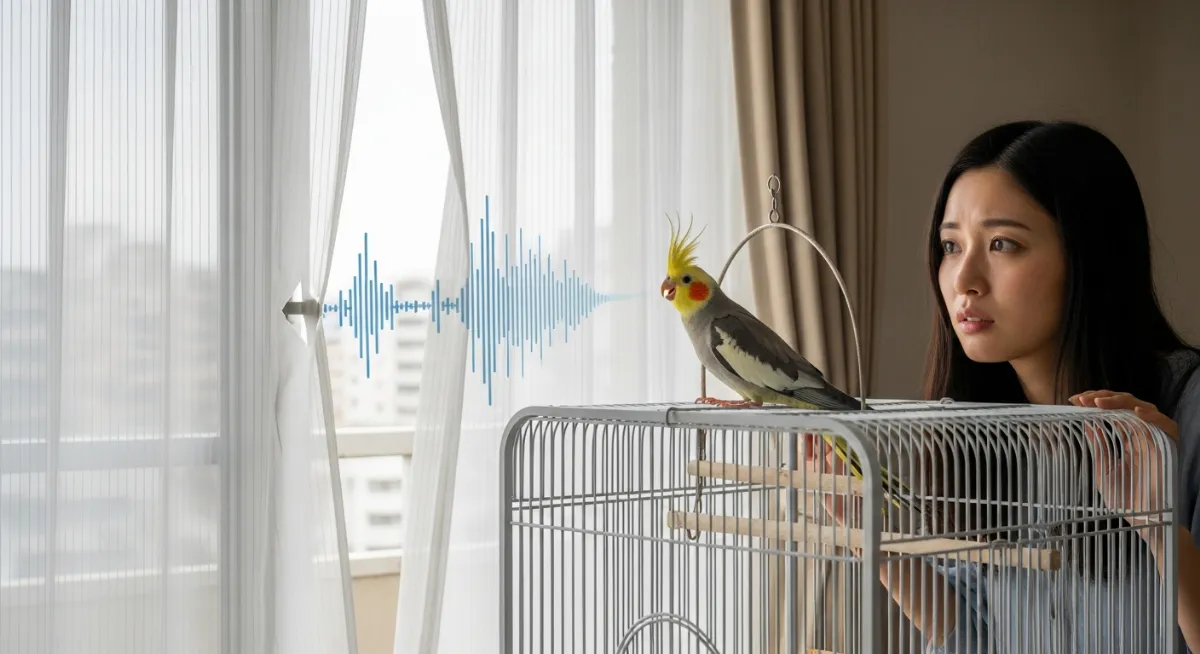 アパートの窓のサッシとカーテンの隙間からインコの鳴き声が外に漏れている様子。隙間テープで対策する前の状態。