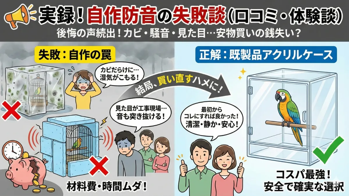 自作防音に失敗して後悔する飼い主。カビや見た目の悪さに困っている様子を示す画像。