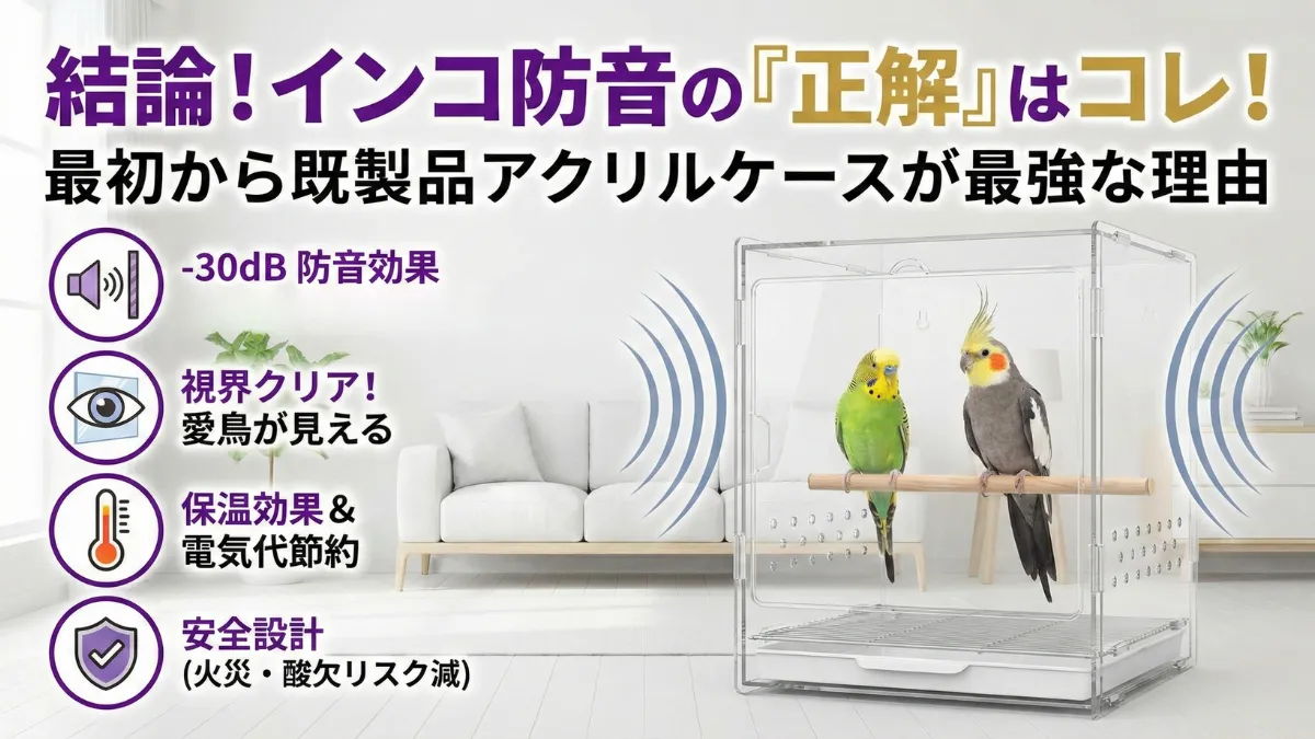 既製品のアクリルケースに入ったインコ。透明度が高く防音効果も抜群で安全な飼育環境の画像。