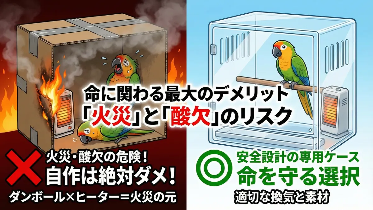 ダンボールとヒーターの組み合わせによる火災リスクを警告する画像。愛鳥の安全を脅かす危険性。