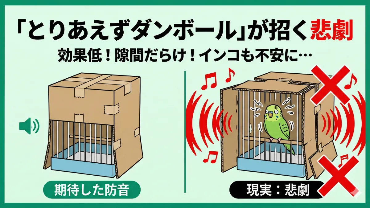 ダンボールで囲まれたインコのケージ。防音効果が低く隙間から音が漏れる様子を示す画像。