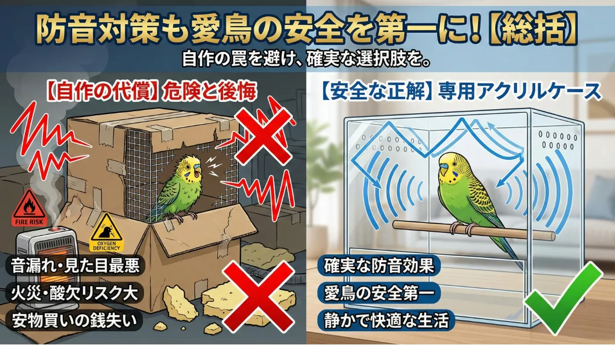 愛鳥との安全で静かな暮らしを実現した飼い主とインコ。専用アクリルケースで快適な環境の画像。