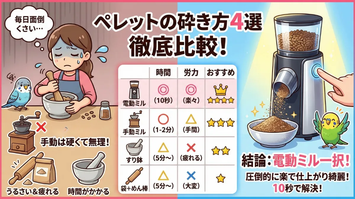 ペレットを砕く4つの方法の比較。電動ミル・手動ミル・すり鉢・めん棒の道具が並ぶ画像