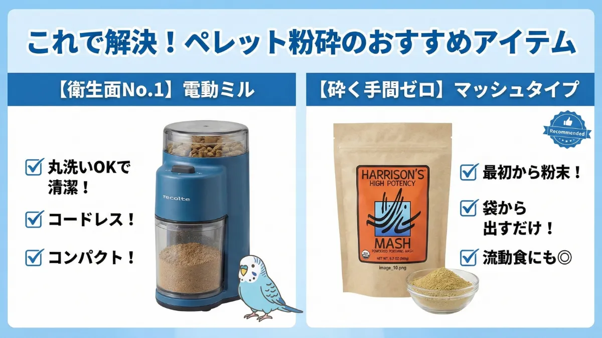 電動コーヒーミルとペレット粉砕道具の選び方を示す画像。レコルトなどおすすめミルが並ぶ