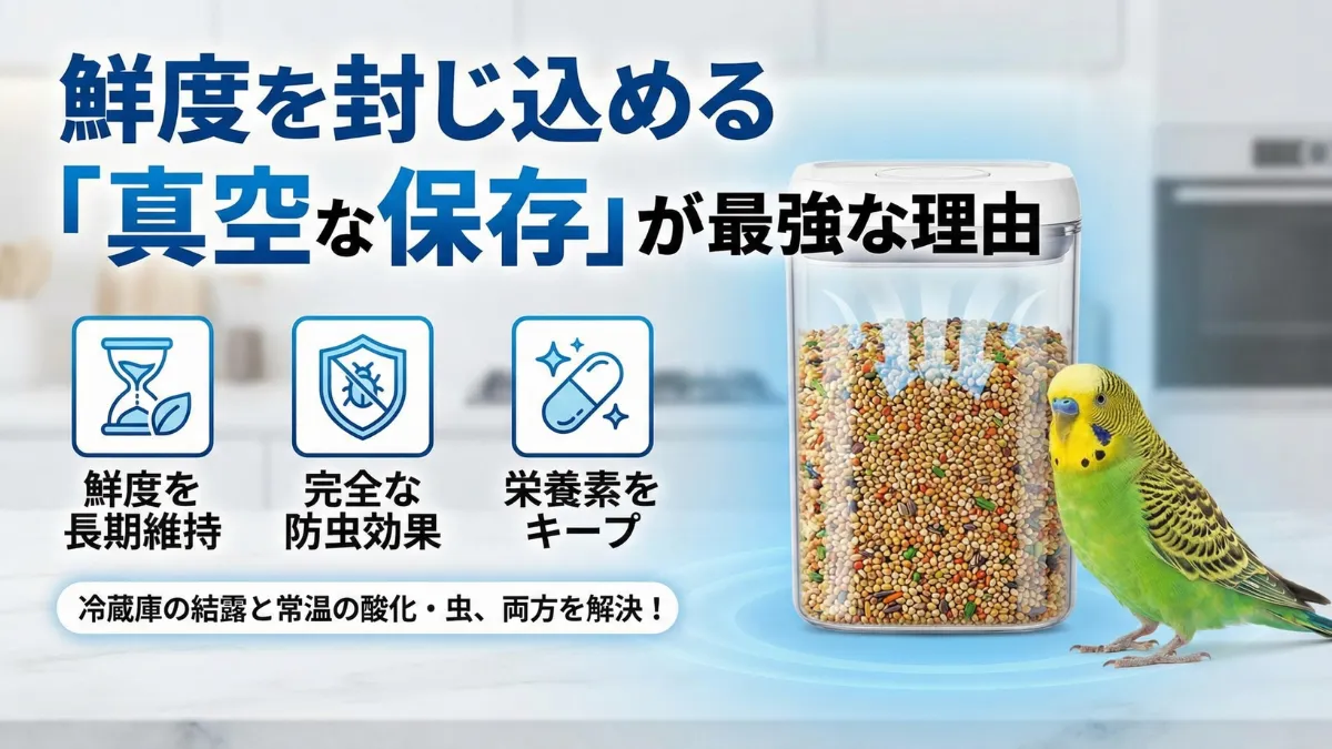真空保存容器に入れられたシード。空気を抜くことで酸化と虫を防ぐ最強の保存方法。