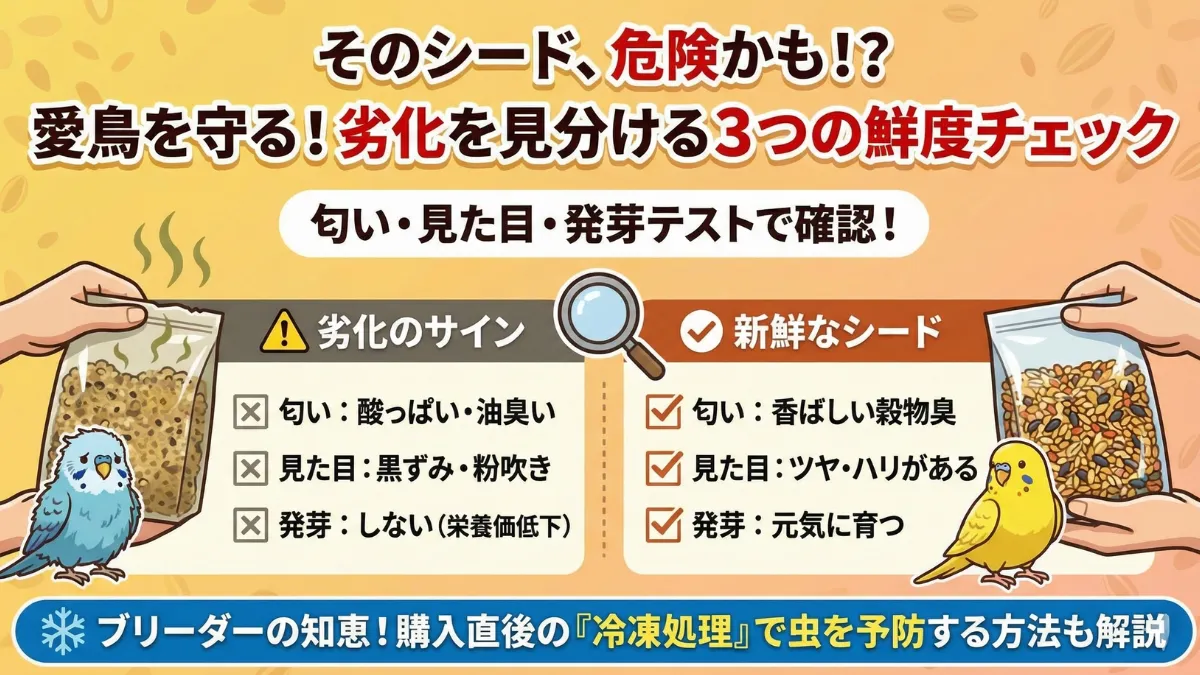 劣化したシードと新鮮なシードの比較。匂い・見た目・発芽テストで鮮度をチェック。